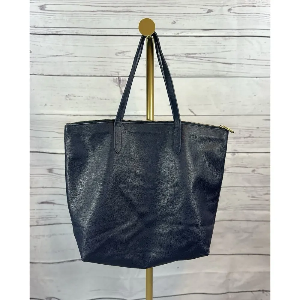 Cuyana Classic Leather Zip Tote Navy Blue with Gray Tote Organizer Insert
